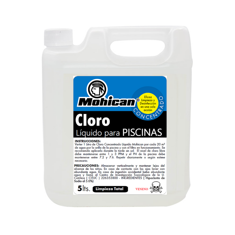 CLORO LIQUIDO CONCENTRADO PARA PISCINAS MOHICAN 5 LT