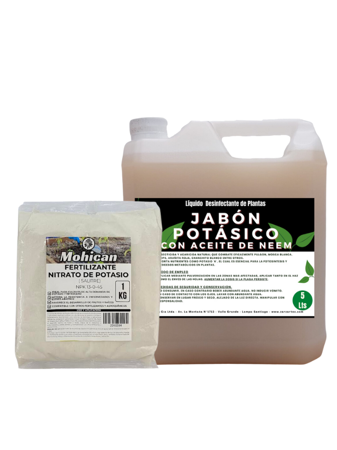 PROMO JABÓN POTÁSICO ACEITE NEEM 5LTS + NITRATO POTASIO 1KG