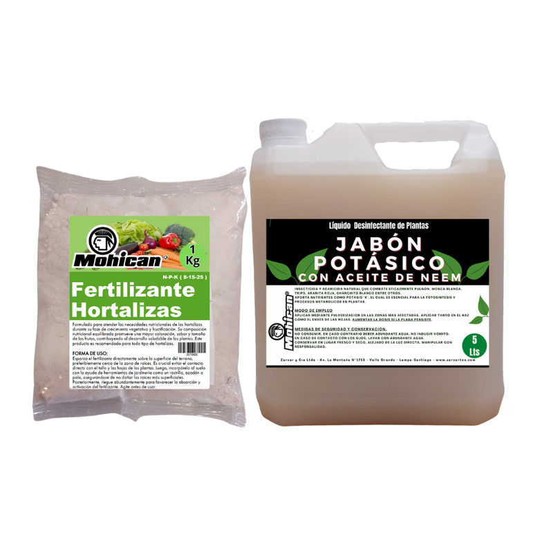 PROMO JABÓN POTÁSICO ACEITE NEEM 5LTS + FERTI HORTALIZAS 1KG