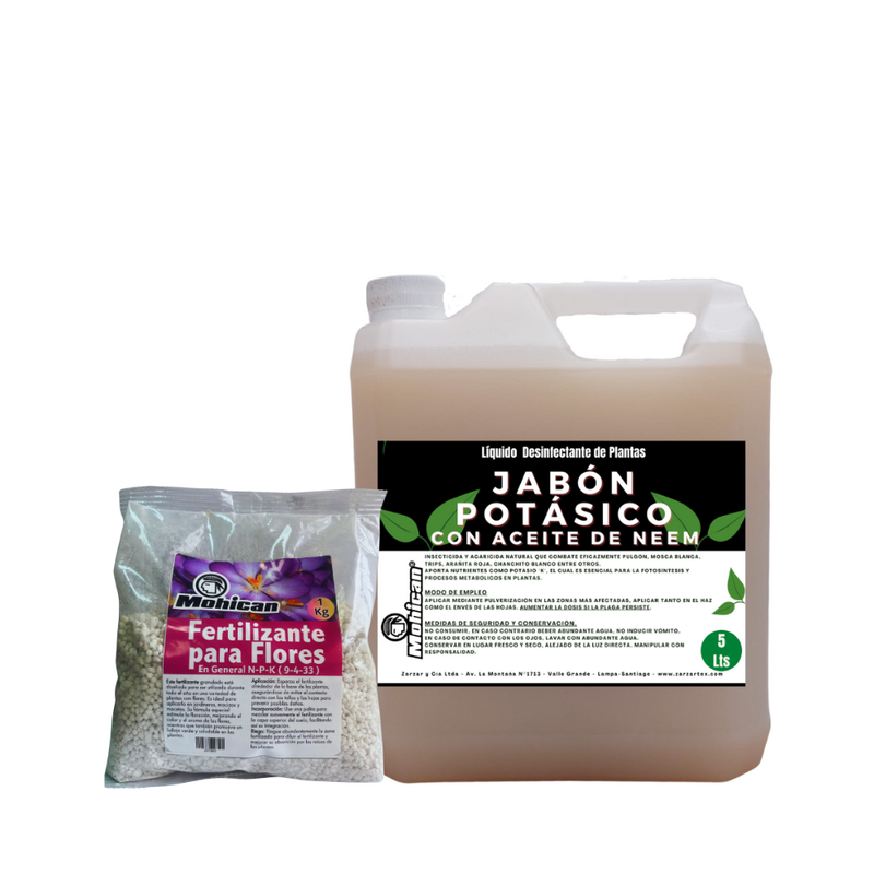 PROMO JABÓN POTÁSICO NEEM 5L + FERTILIZANTE FLORES 1 KG