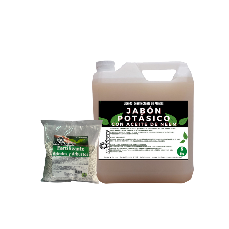 PROMO JABÓN POTÁSICO NEEM 5L + FERTILIZANTE ÁRBOLES 1 KG