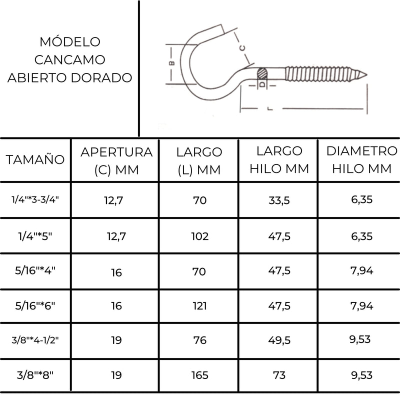 Cancamo Abierto Dorado 1/4'' X 70 Mm Pack 5 Uni Mohican