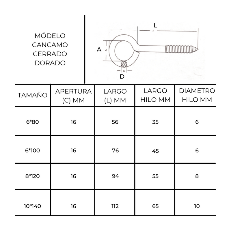 Cancamo Cerrado Dorado 6  X  76 Mm Pack 10 Uni Mohican