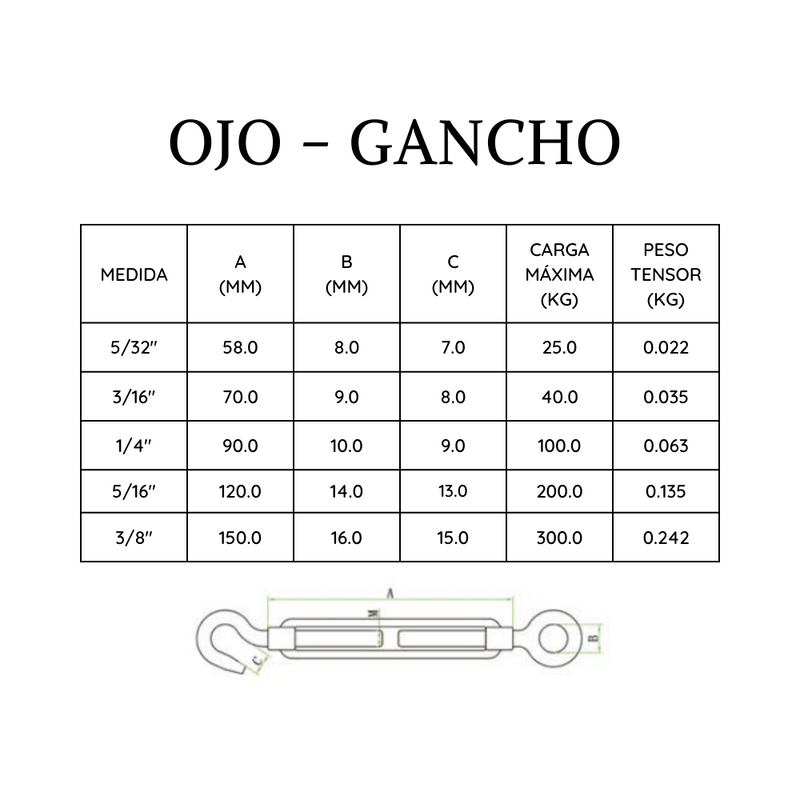 Tensores  Para Cable Ojo-gancho 5 Uni 5/16 Mohican