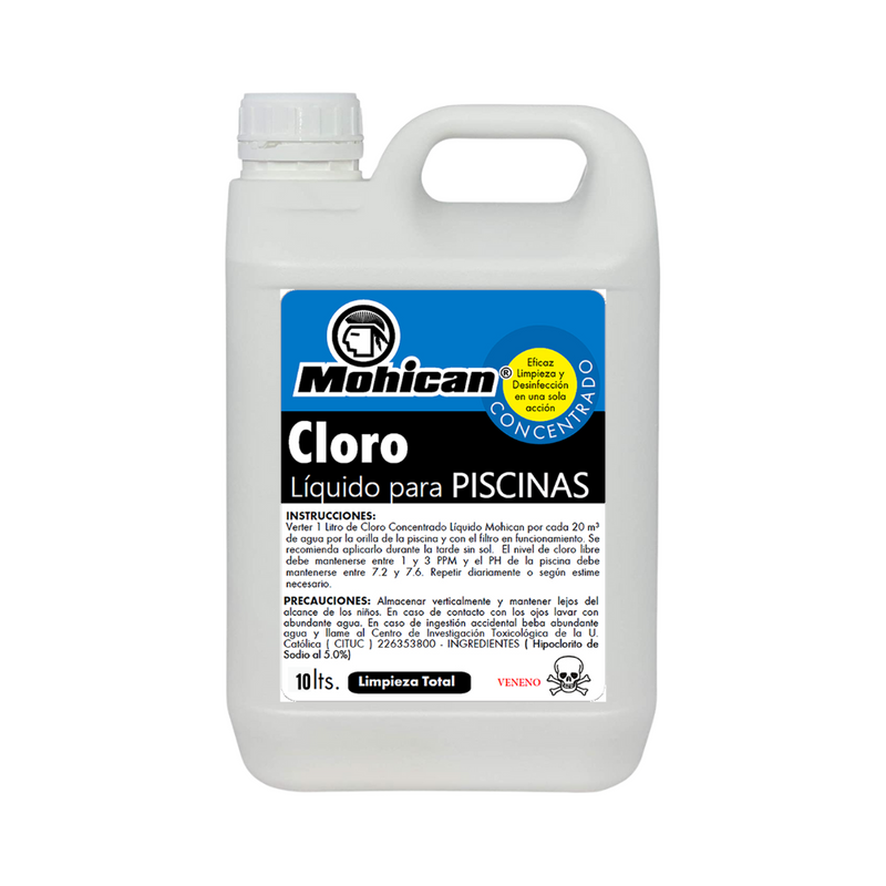 CLORO LIQUIDO CONCENTRADO PARA PISCINAS MOHICAN 10 LT